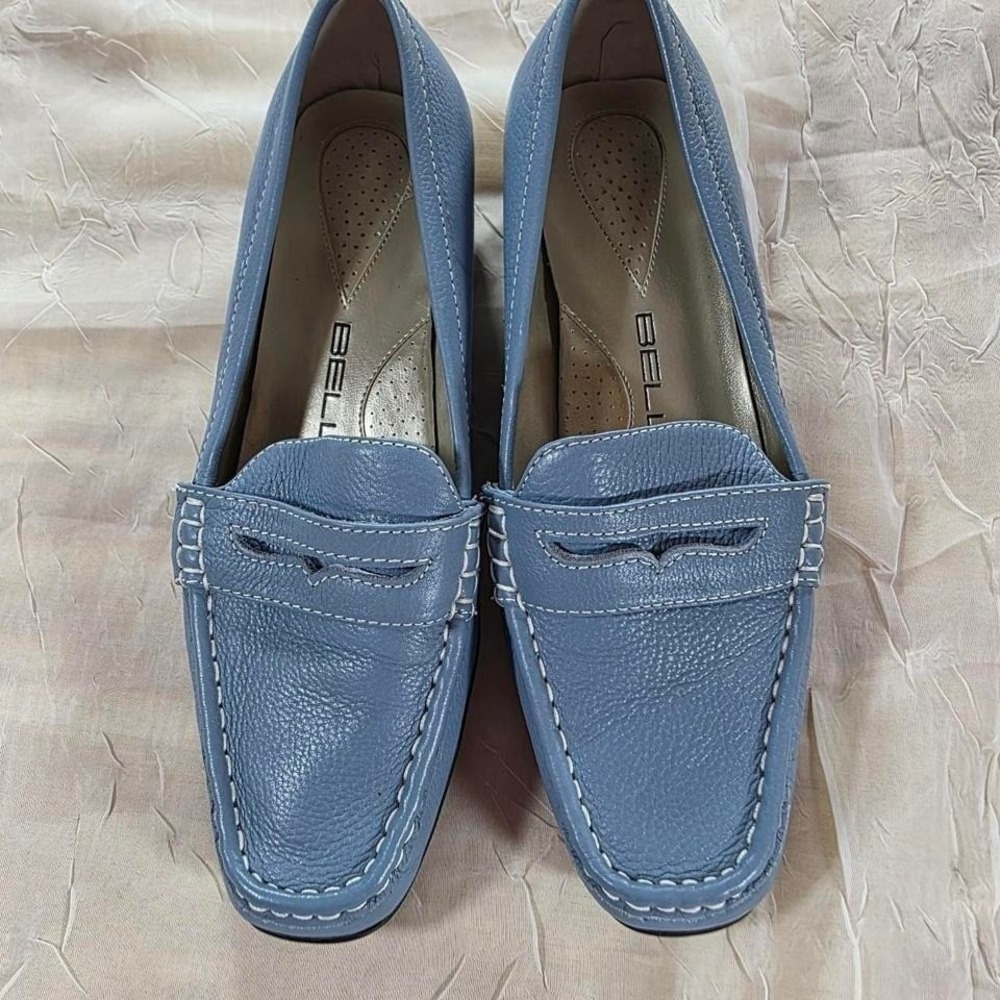 Abey Bellini Blue Leather Penny Loafers Wedge Flats Shoes Womens 6.5 M